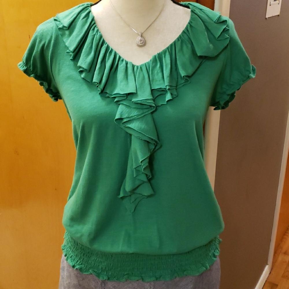 INC - Green, Short Sleeved, Ruffled Blouse